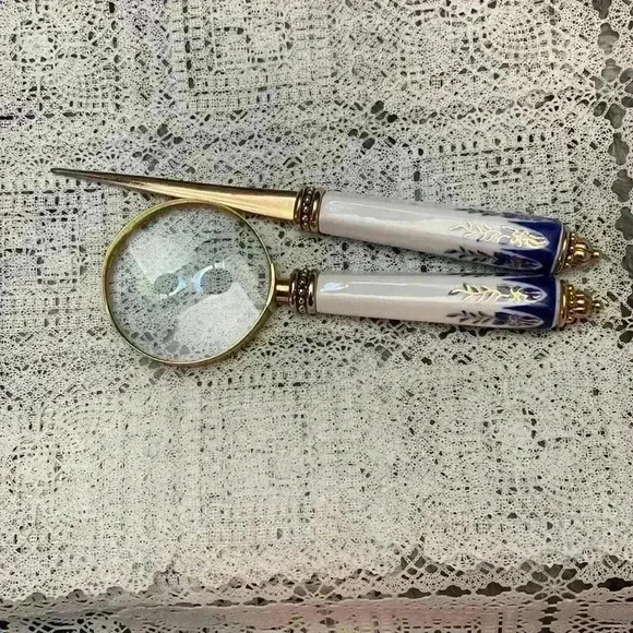 Vintage Cobalt Blue & White Porcelain Desk Set,  Magnifying Glass, Letter Opener - Picture 2 of 16